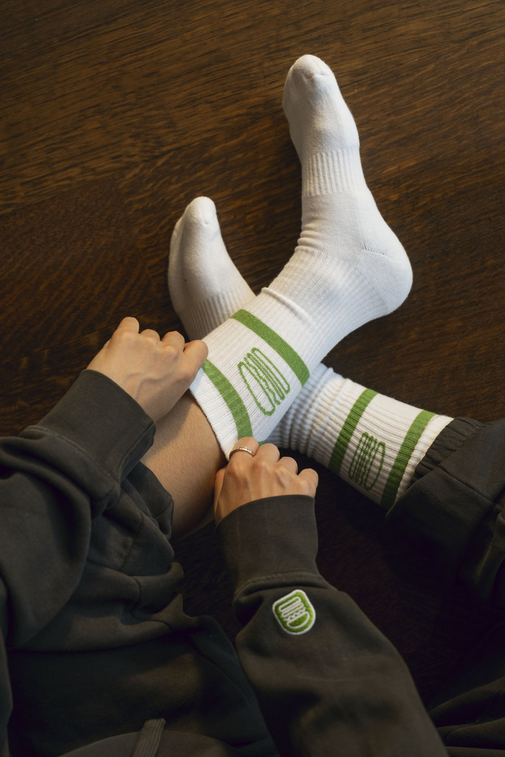 Shake Shack athletic socks on someone's feet