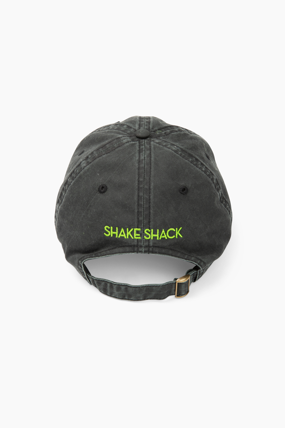 Back view of the grey dad hat with the words "Shake Shack" embroidered on the back