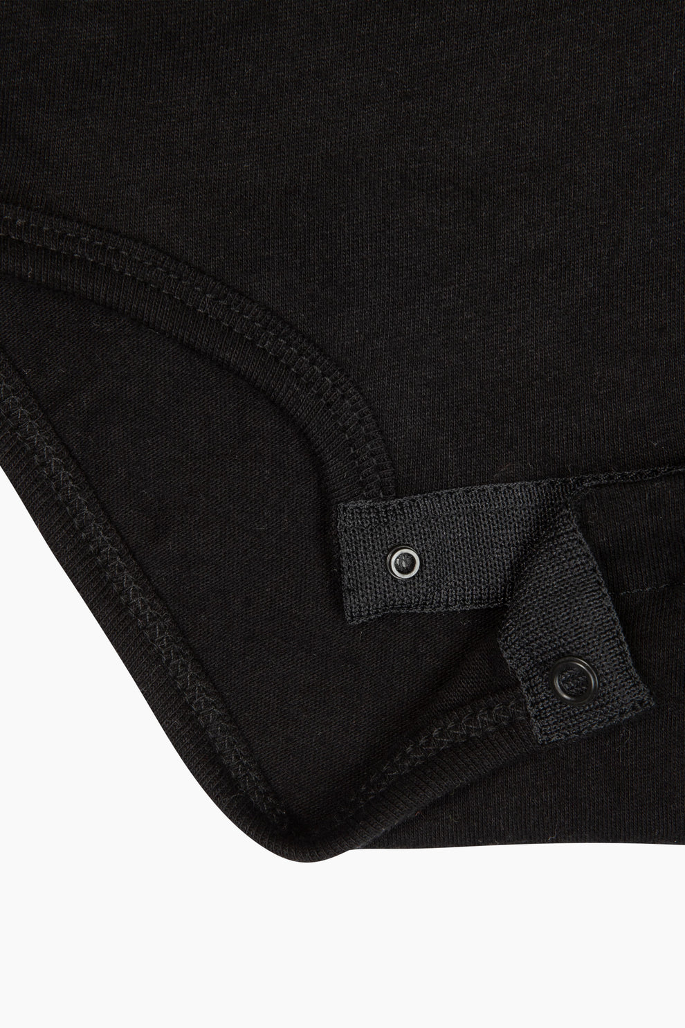 Closeup image of the black onesie that shows the buttons