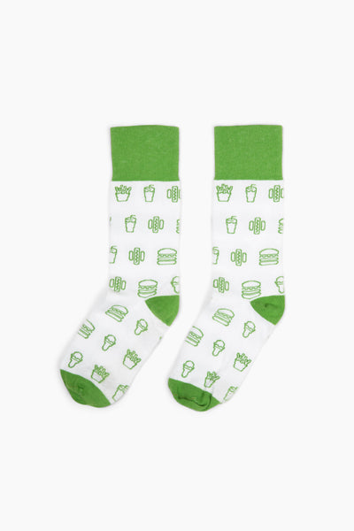 White socks with Shake Shack icons of burgers, hot dogs, fries, shakes, and ice cream cones