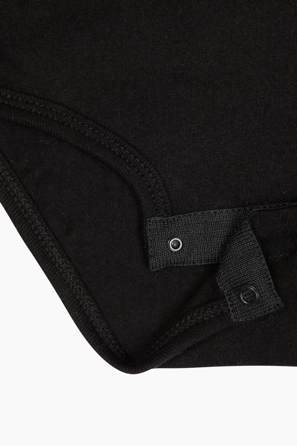 Closeup image of the black onesie that shows the buttons 
