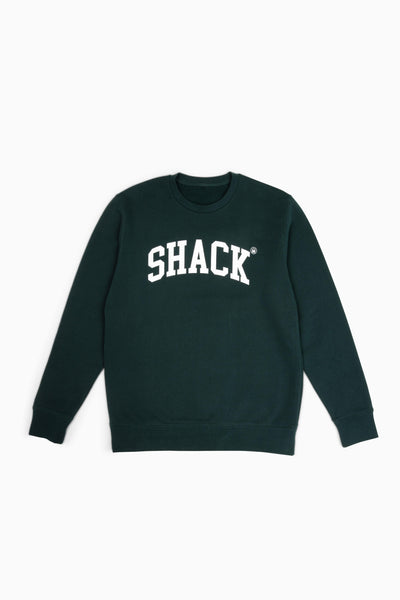 Forest green sweatshirt with the word "Shack" displayed across the chest