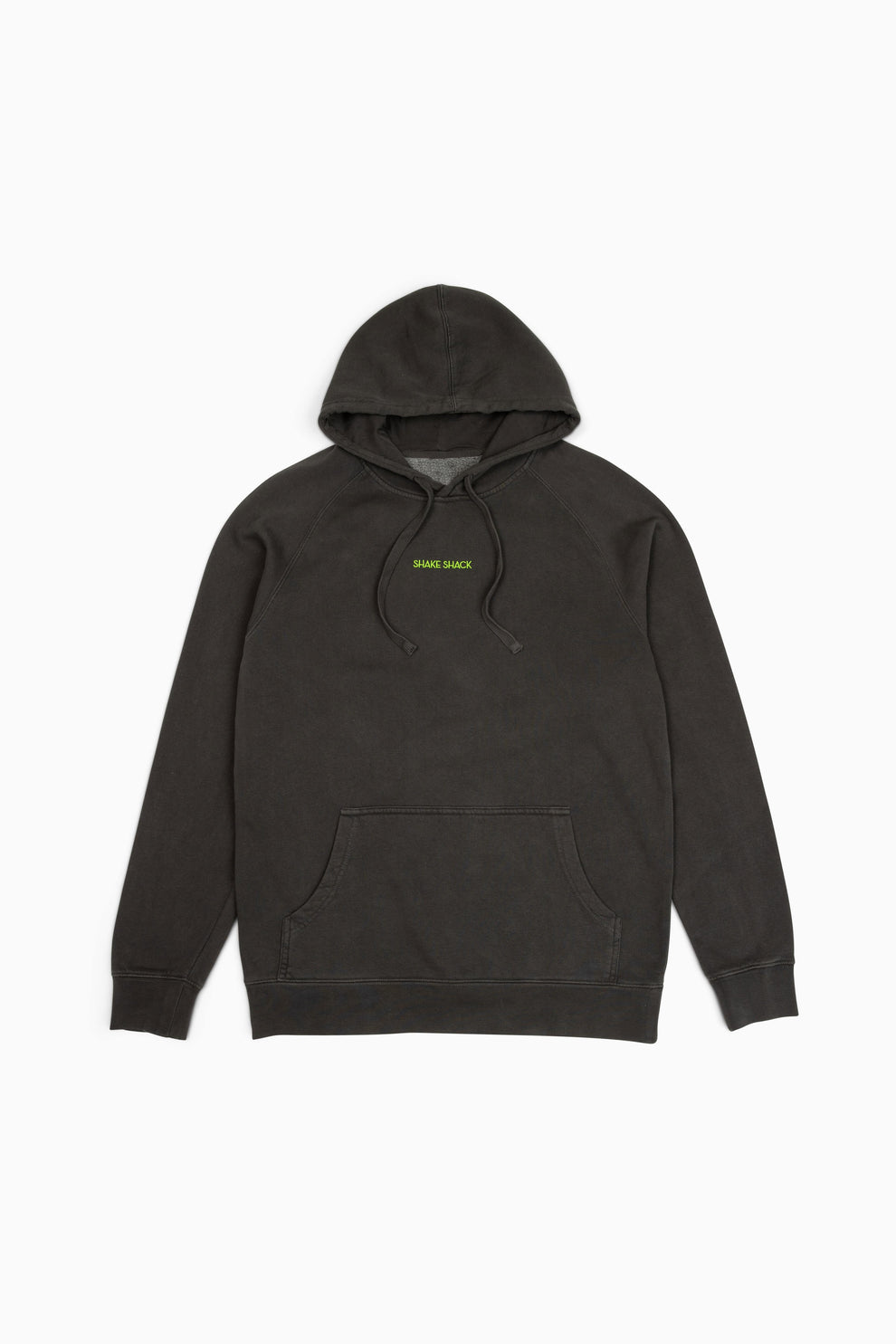Black hoodie with the words "Shake Shack" centered below the neck and an embroidered Shake Shack logo on the right sleeve