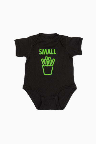 Onesie with the word "Small" and a graphic of french fries below it