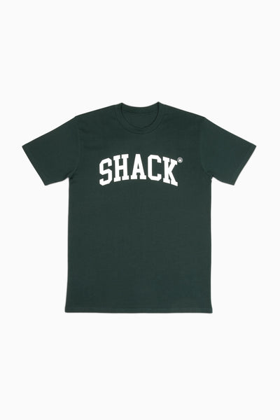 Forest green t-shirt with the word "Shack" displayed across the chest